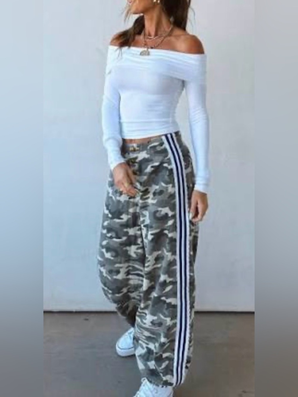 High-Waist Varsity Camo Track Pants with Blue Stripe
